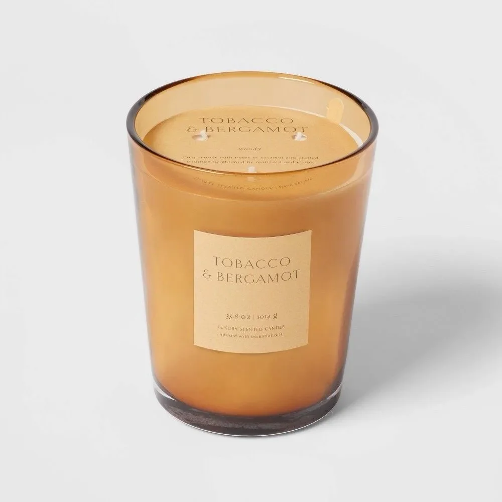 Threshold 35.8oz Tobacco Bergamot 3-Wick Candle Yellow Glass Vase 70Hr New